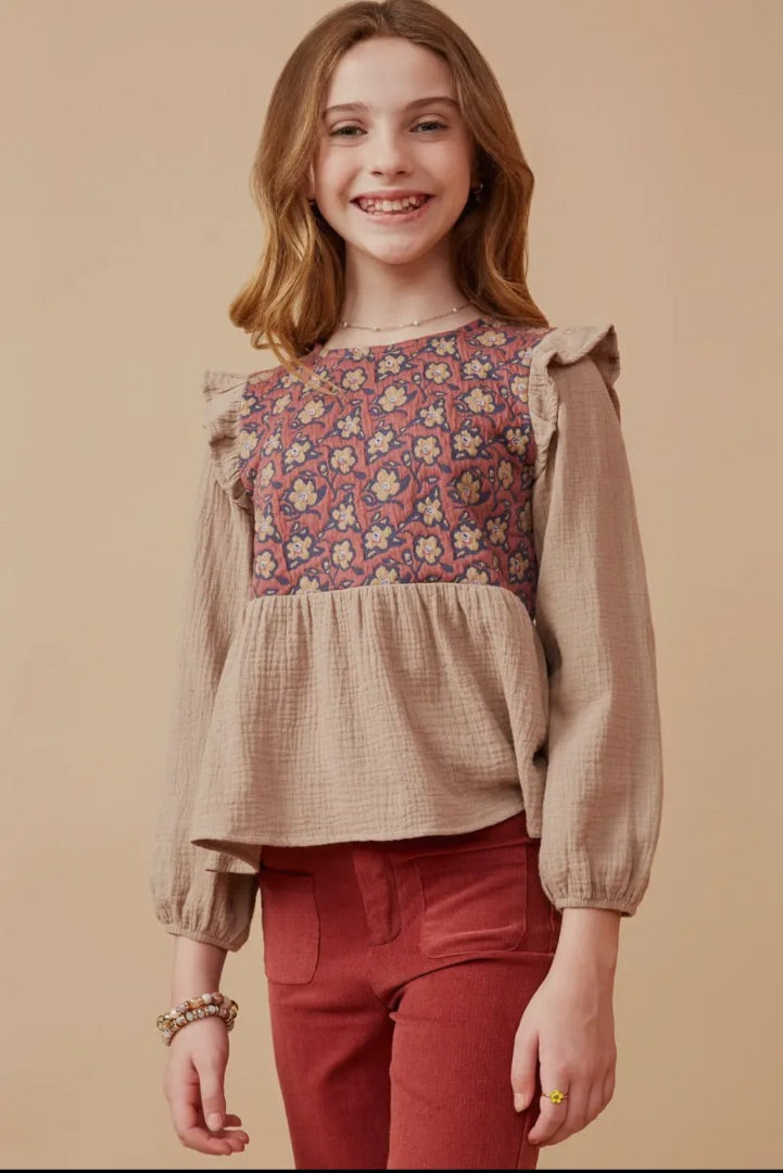 The Shimmer Shack Girls Textured Floral Panel Mix Media Top