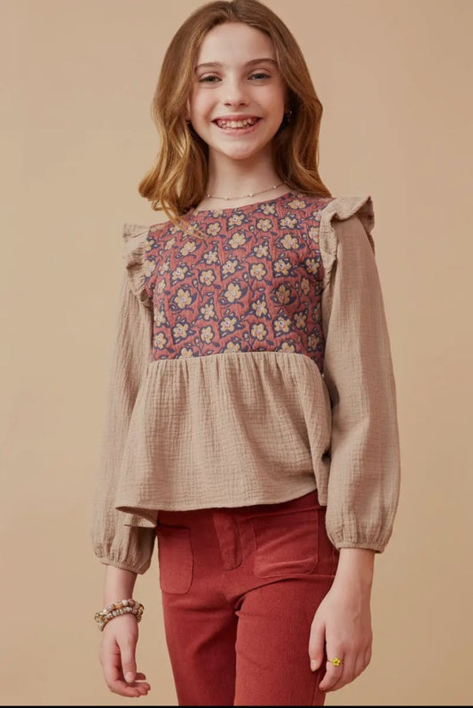 The Shimmer Shack Girls Textured Floral Panel Mix Media Top