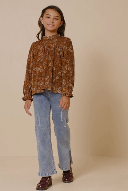 The Shimmer Shack Girls Floral Velvet Cinched Cuff Long Sleeve Top