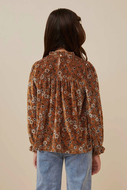 The Shimmer Shack Girls Floral Velvet Cinched Cuff Long Sleeve Top