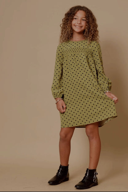 The Shimmer Shack Girls Smocked Detail Polka Dot Dress