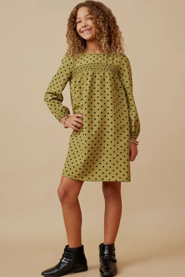 The Shimmer Shack Girls Smocked Detail Polka Dot Dress