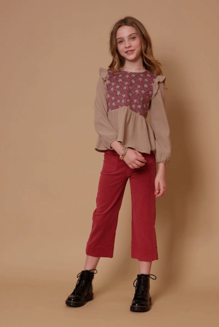 The Shimmer Shack Girls Textured Floral Panel Mix Media Top