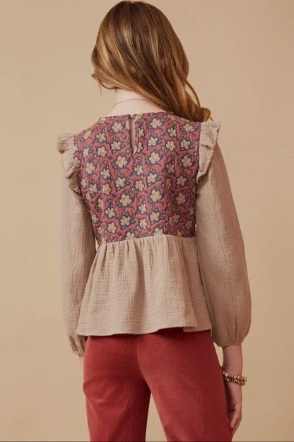 The Shimmer Shack Girls Textured Floral Panel Mix Media Top