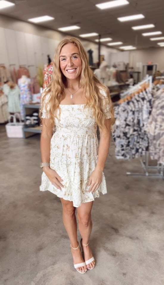 Ivory Floral square neck smocked tiered dress