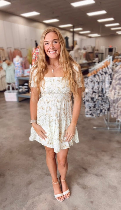 Ivory Floral square neck smocked tiered dress