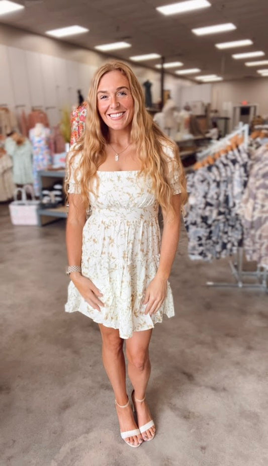 Ivory Floral square neck smocked tiered dress