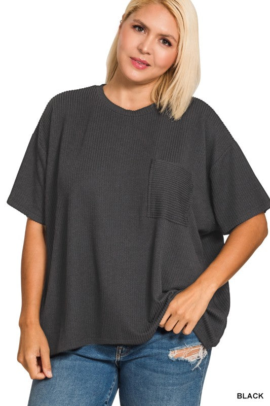 The Shimmer Shack PLUS Ribbed Short Sleeve Pocket Top Black