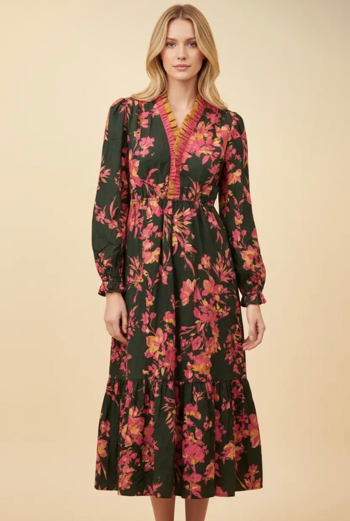 The Shimmer Shack PLUS Floral Ruffle Neck Dress