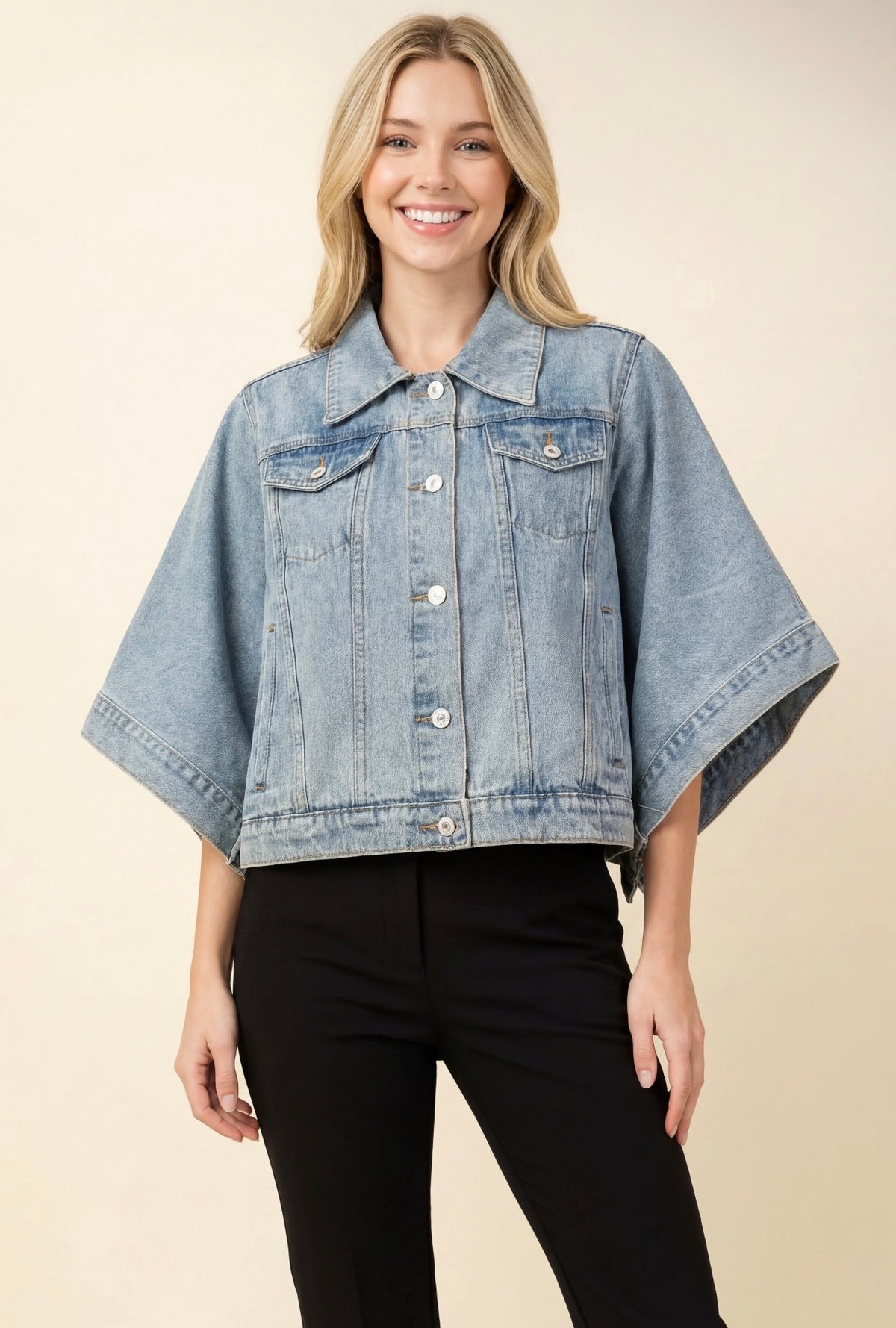 The Shimmer Shack Plus Oversized Cape Sleeve Denim Jacket