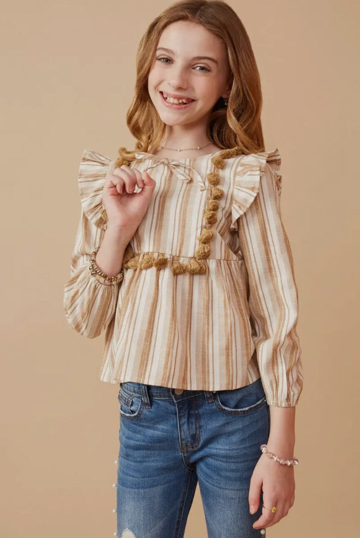The Shimmer Shack Girls Textured Stripe Tasseled Top