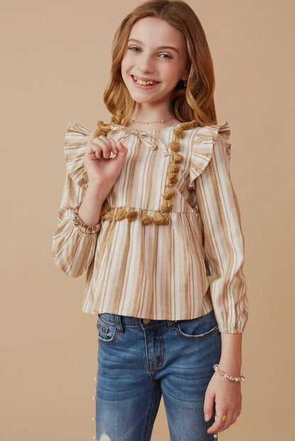The Shimmer Shack Girls Textured Stripe Tasseled Top