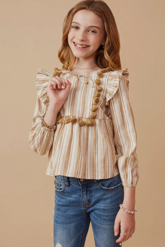 The Shimmer Shack Girls Textured Stripe Tasseled Top