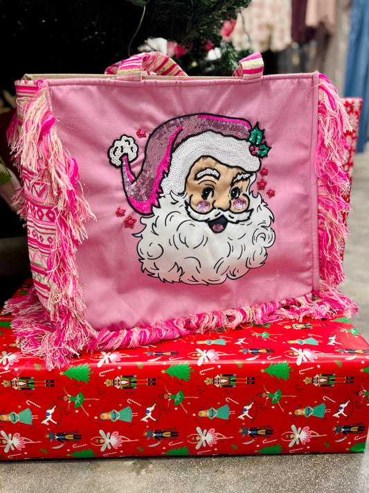 Pink Festive Santa Tote Bag