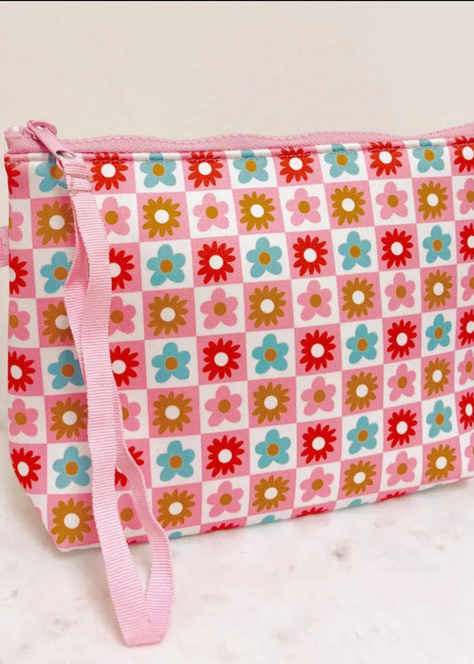 The Shimmer Shack Check Floral Cosmetic Bag with Wrist Strap