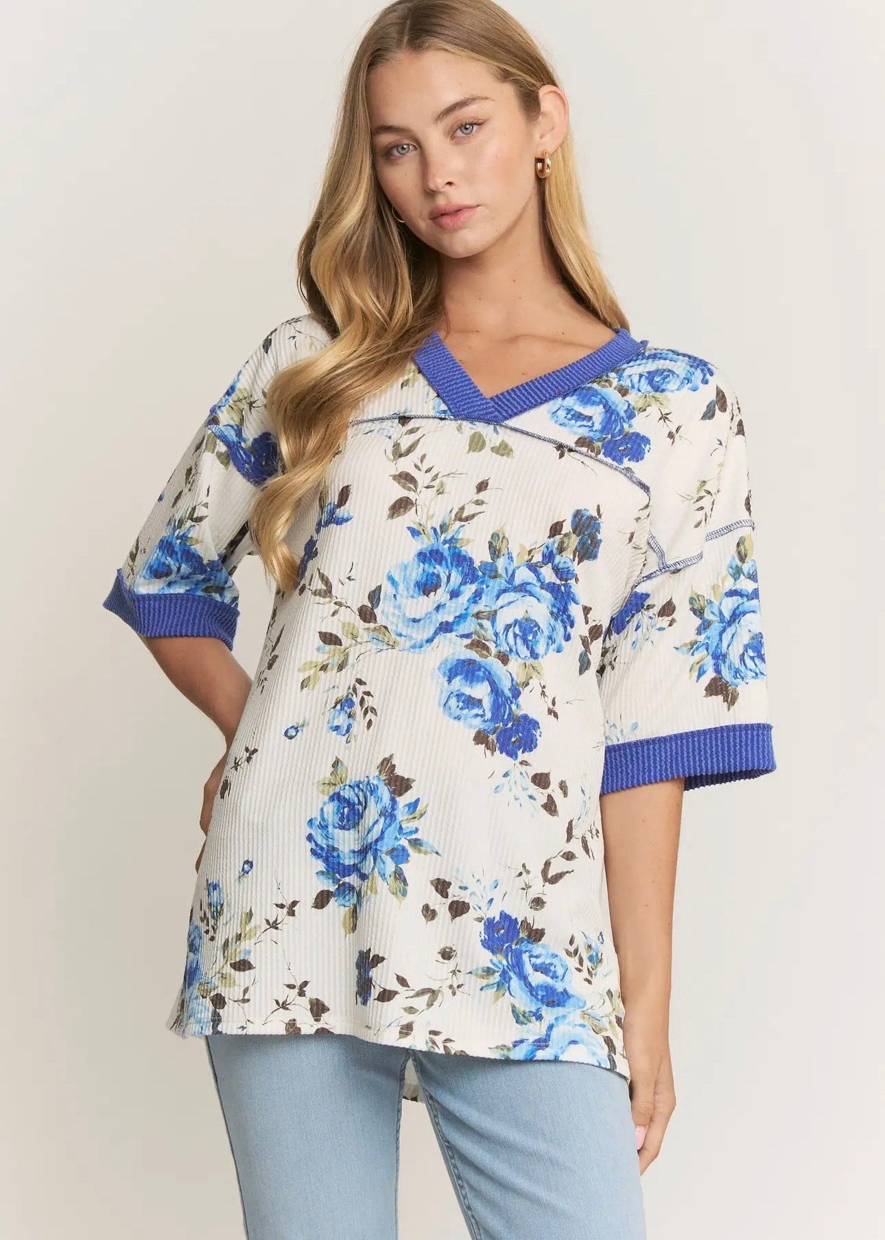 The Shimmer Shack PLUS Blue Floral Rib Top