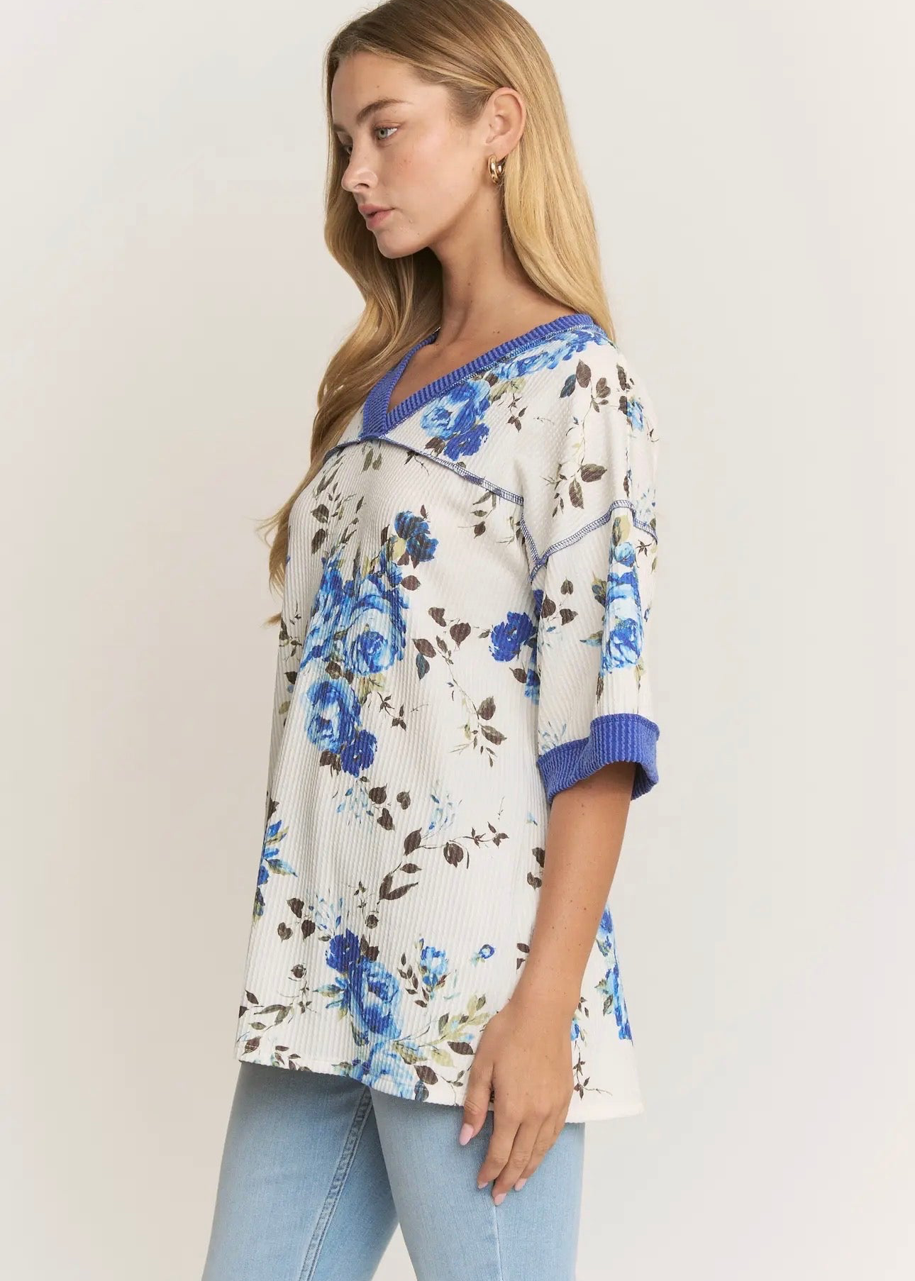 The Shimmer Shack PLUS Blue Floral Rib Top
