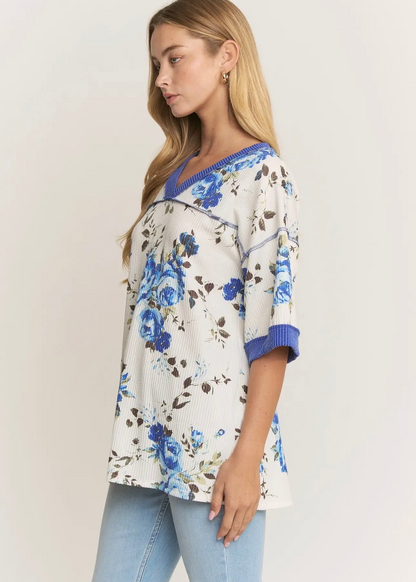 The Shimmer Shack PLUS Blue Floral Rib Top