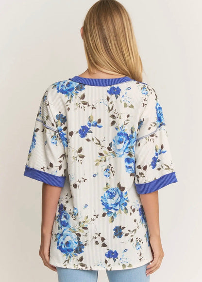 The Shimmer Shack PLUS Blue Floral Rib Top