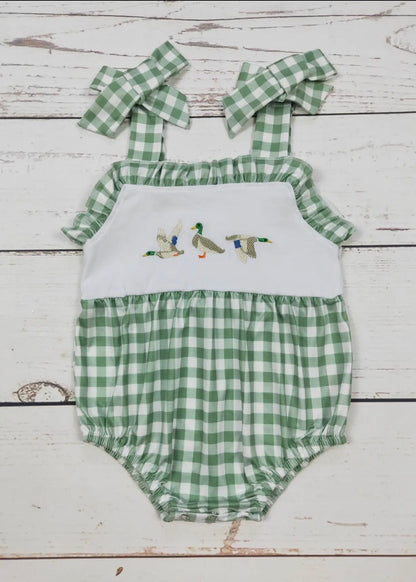 The Shimmer Shack Baby Girl Duck Check Romper