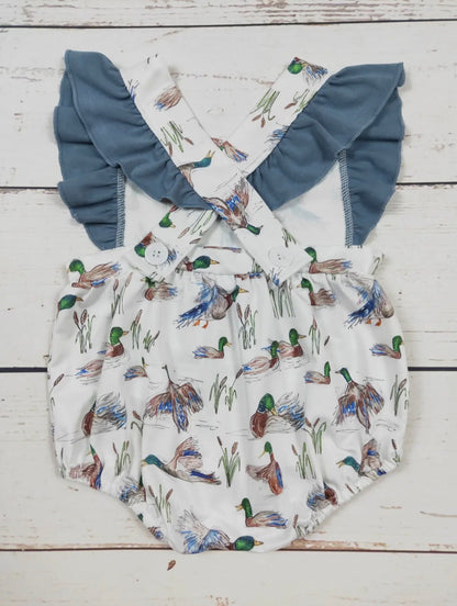 The Shimmer Shack Baby Girl Duck Printed Ruffle Romper