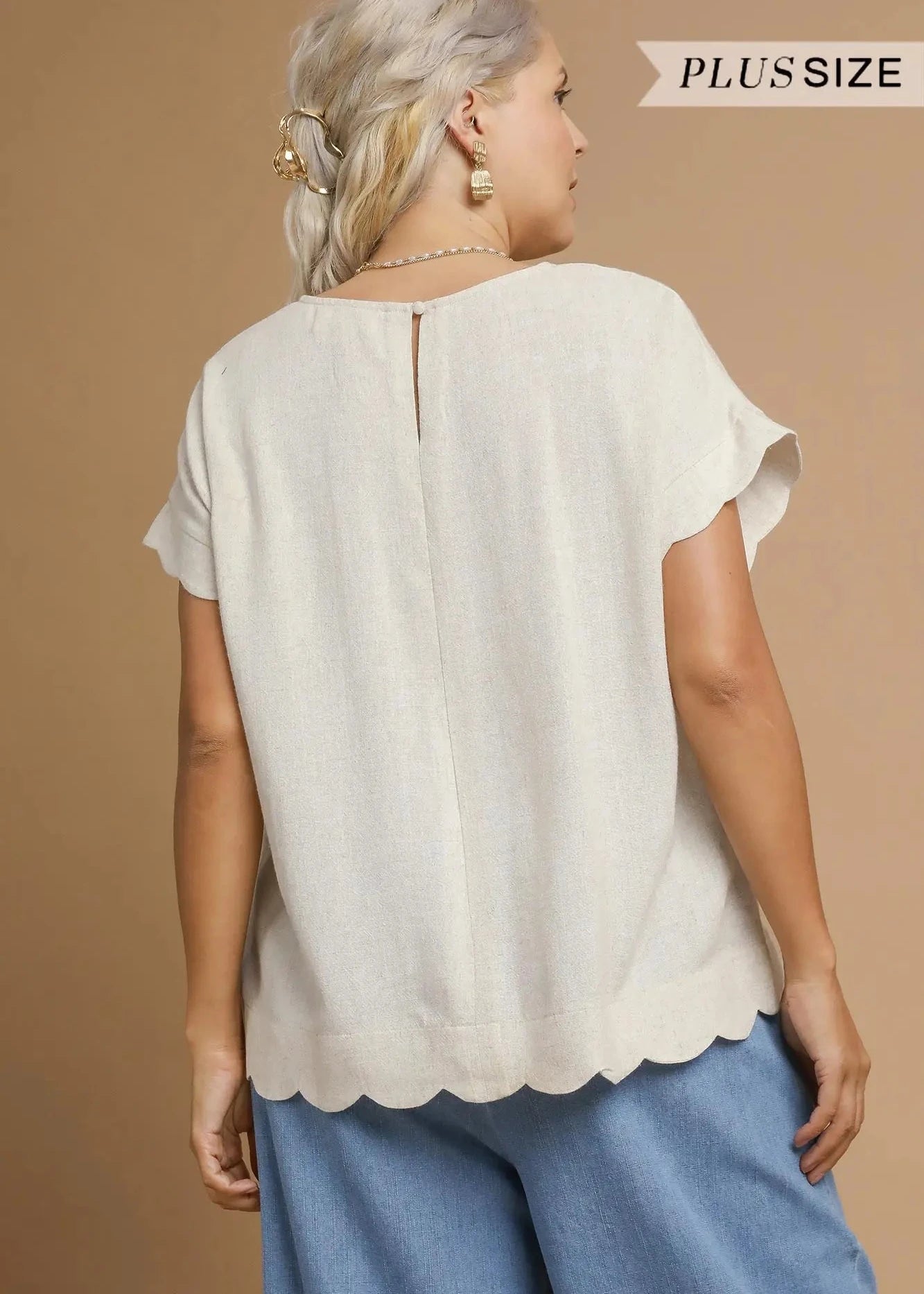The Shimmer Shack PLUS Scallop Hem Linen Blend Top