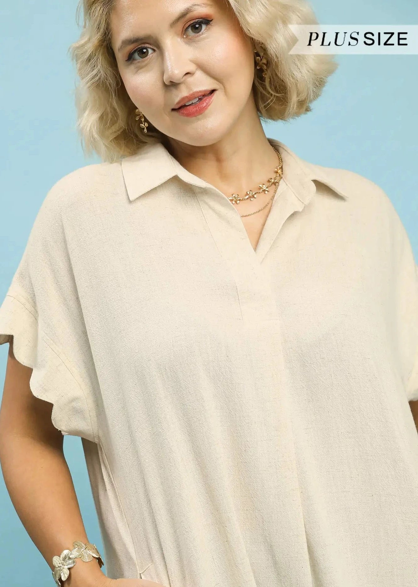 The Shimmer Shack PLUS Scallop Hem Linen Dress Oatmeal