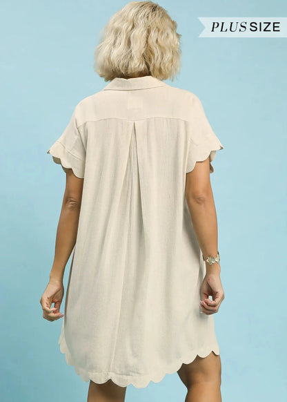 The Shimmer Shack PLUS Scallop Hem Linen Dress Oatmeal