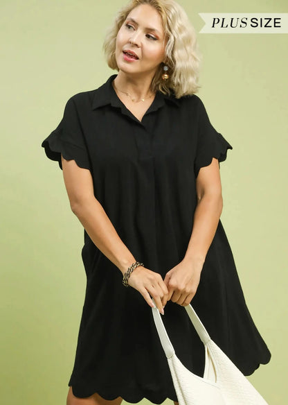 PLUS Scallop Hem Linen Dress Black