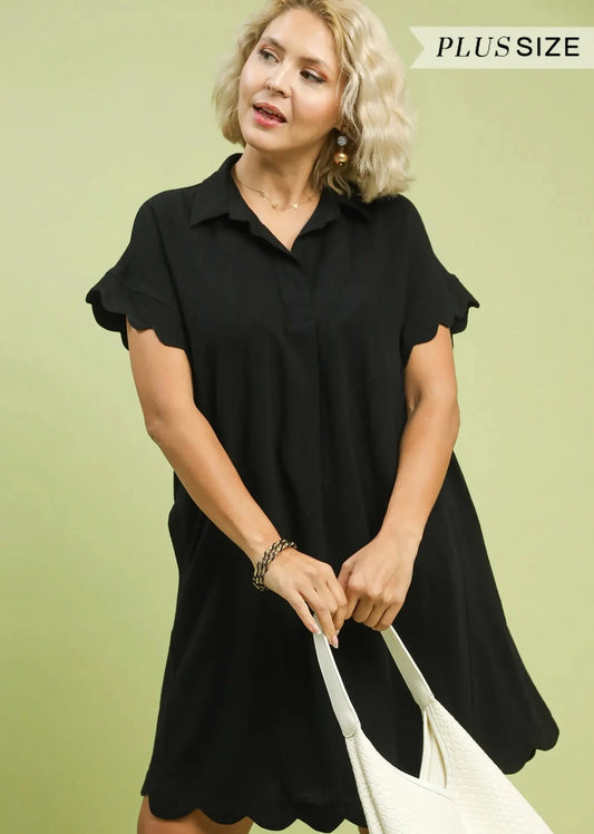PLUS Scallop Hem Linen Dress Black