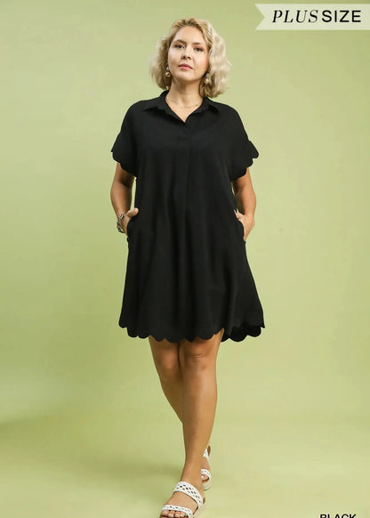 PLUS Scallop Hem Linen Dress Black