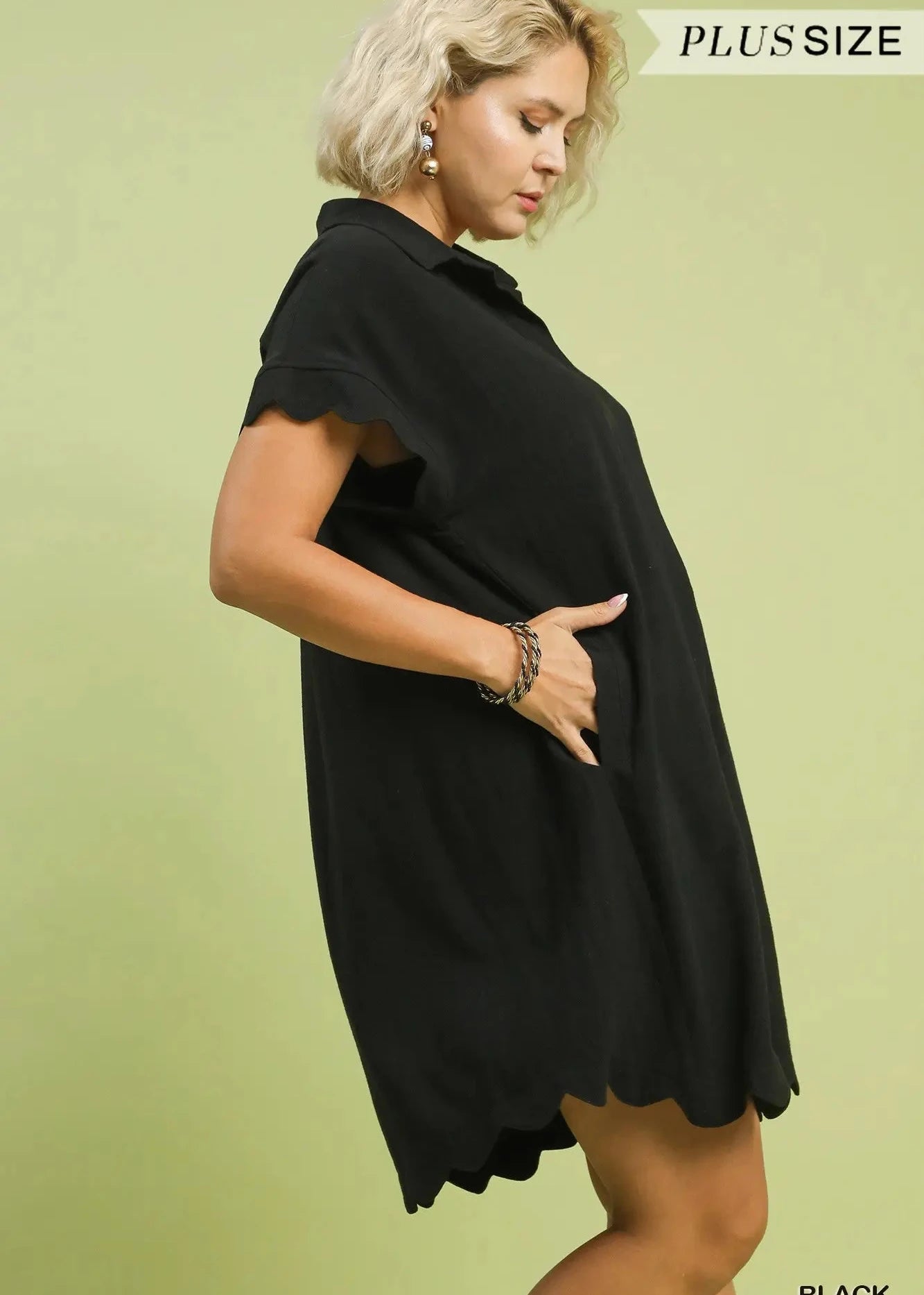PLUS Scallop Hem Linen Dress Black
