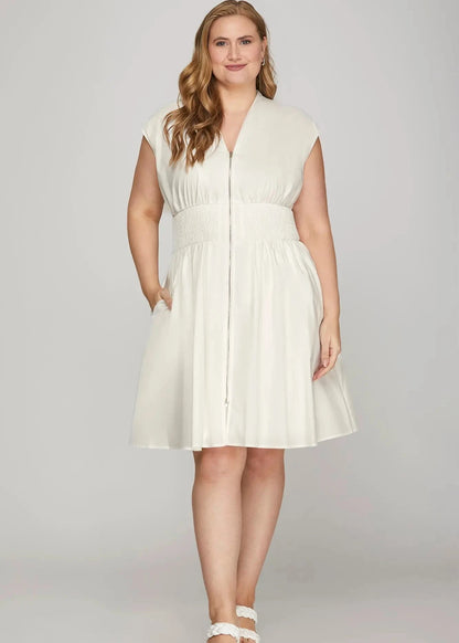 The Shimmer Shack PLUS Smock Waist Zip Front Mini Dress