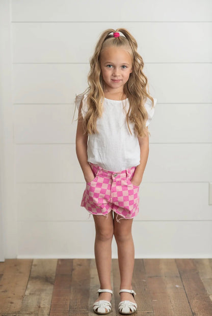 The Shimmer Shack Girls Pink Checkered Denim Shorts