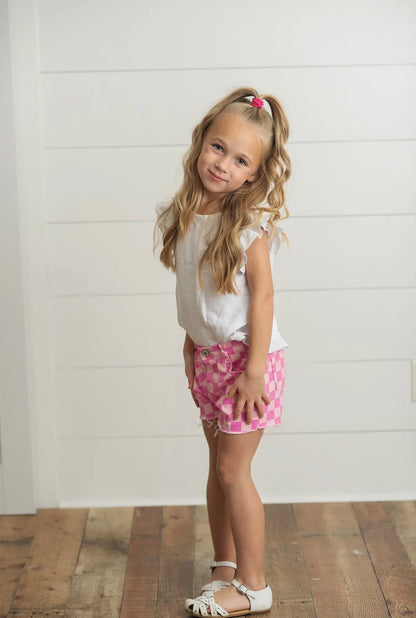 The Shimmer Shack Girls Pink Checkered Denim Shorts