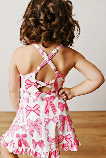 The Shimmer Shack Pink & White Bow Athletic Dress