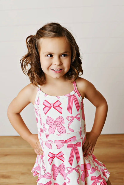 The Shimmer Shack Pink & White Bow Athletic Dress
