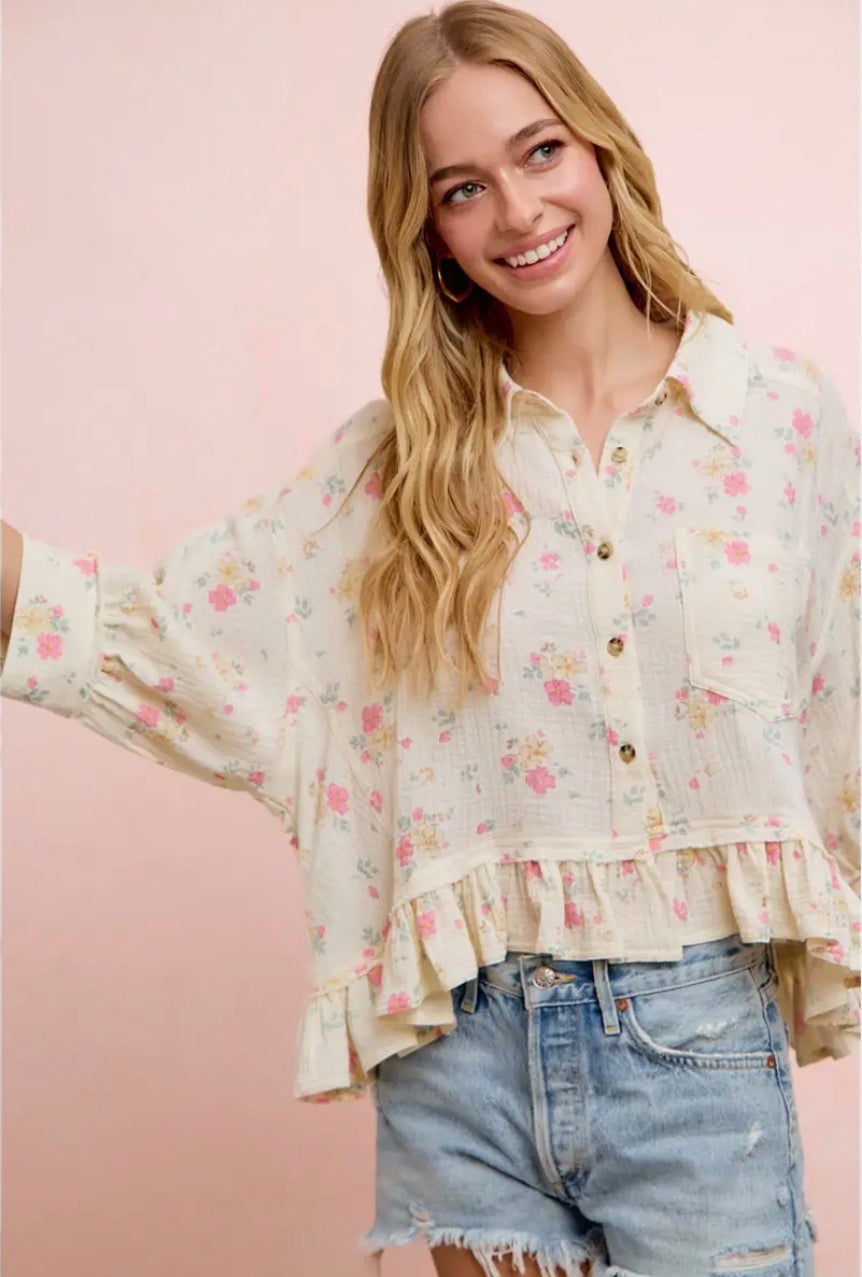 The Shimmer Shack Crinkle Ruffle  Hem Top