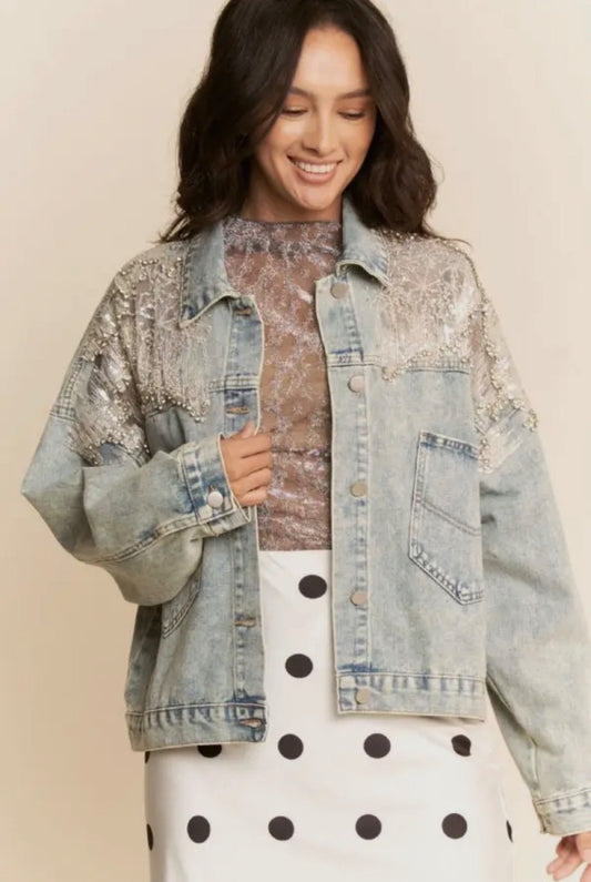 Mesh Stitched Denim Jacket Shimmer Shack