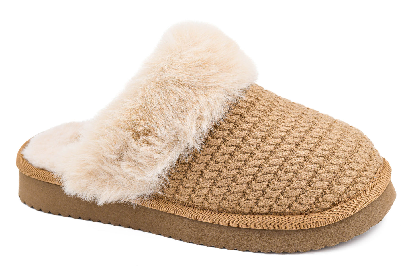 Camel Cable Knit & Rhinestone Slip Ons