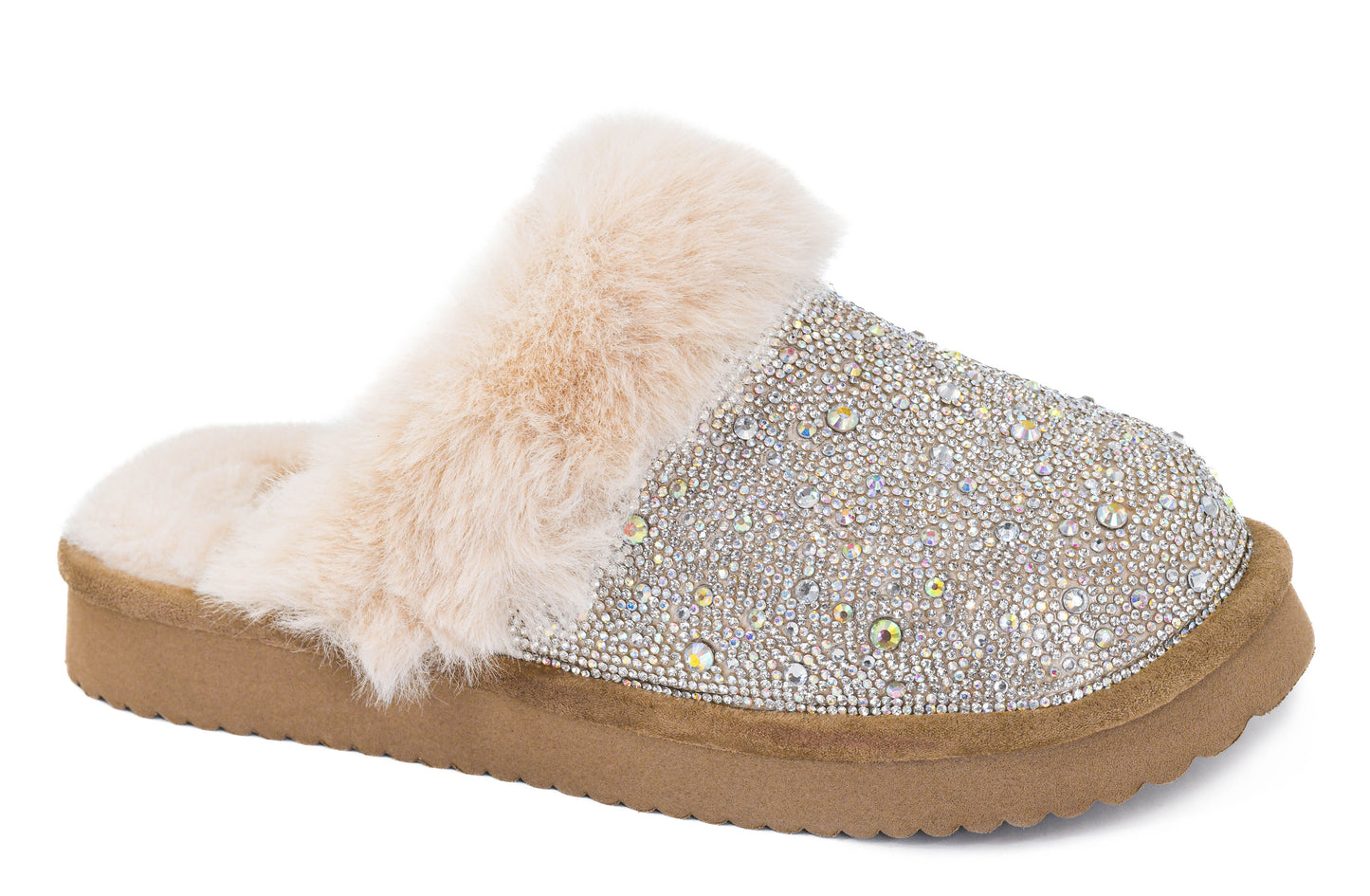 Camel Cable Knit & Rhinestone Slip Ons