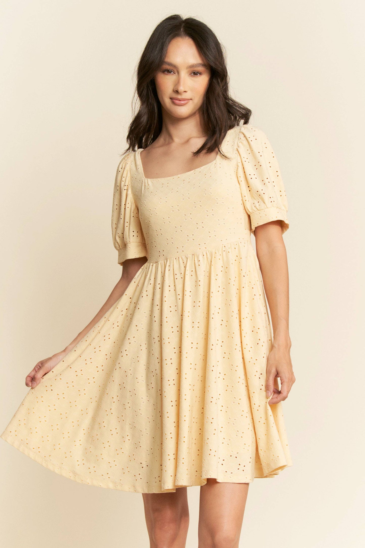 Butter yellow baby doll square neckline dress