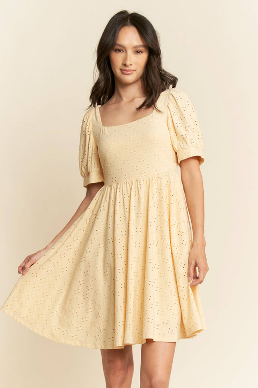 Butter yellow baby doll square neckline dress