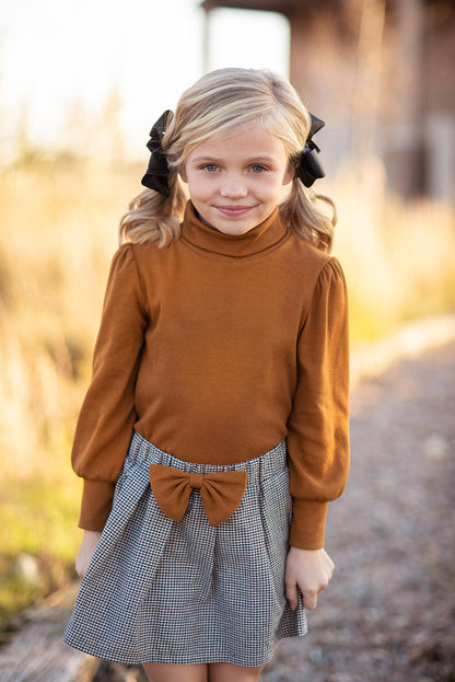 Wren & James - Kids Carmel Puff Sleeve Top & Bow Check Fall Skirt Set
