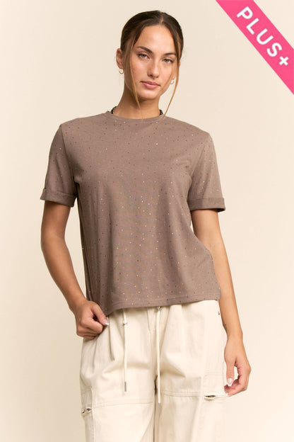 Davi & Dani - PLUS RHINESTONE EMBELLISHED RELAXED CREW NECK TEE