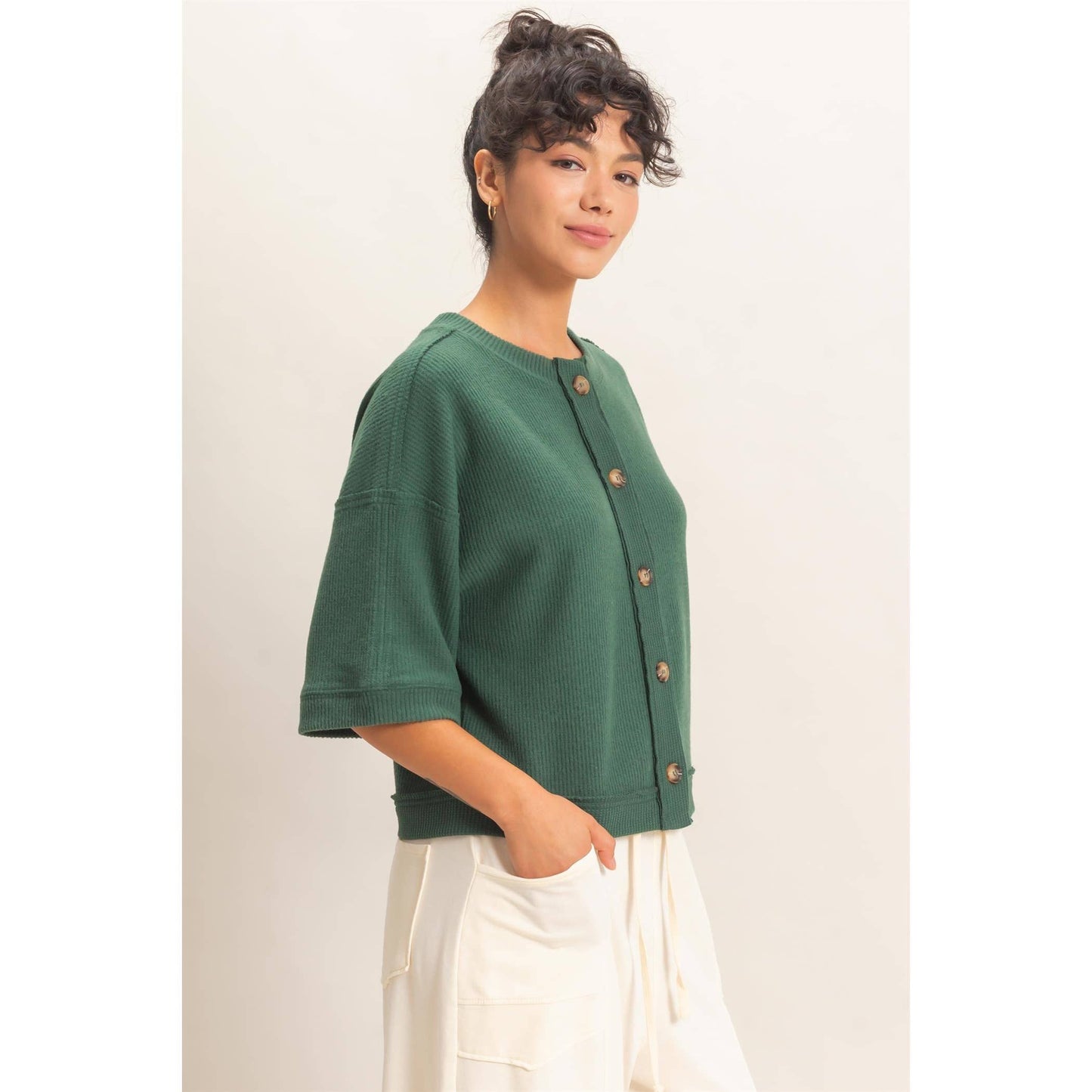 Button-Down Short Sleeve Waffle Top
