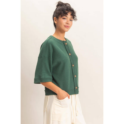 Button-Down Short Sleeve Waffle Top