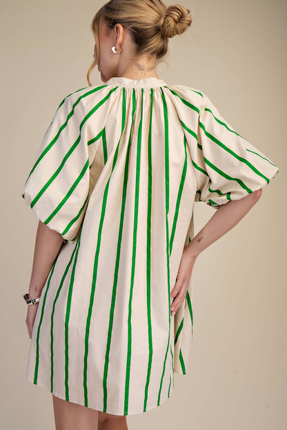 Glam - Puff-Sleeve Stripe Mini Shift Dress