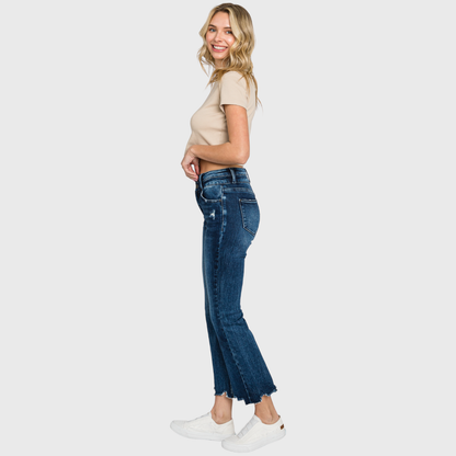 Petra153 - P797AHB-DK HIGH RISE CROP BOOTCUT JEANS W/ FRAYED HEM