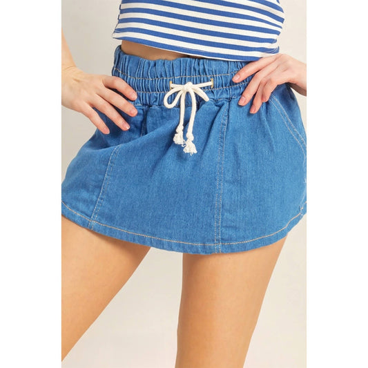 Drawstring Waist Denim Skort